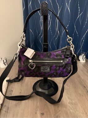 Coach Poppy Purple and Black Leopard Print Crossbody Bag with Heart Charm Rare